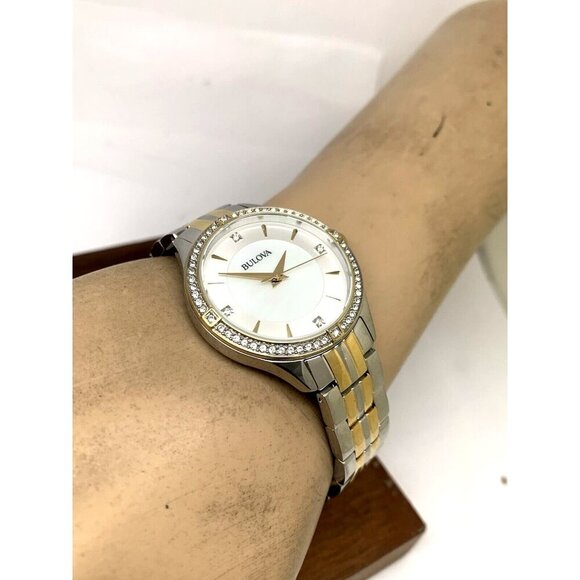 Bulova Women\'s Watch 98L273 Mother of Pearl Dial Two Tone Steel Gemmed 32mm